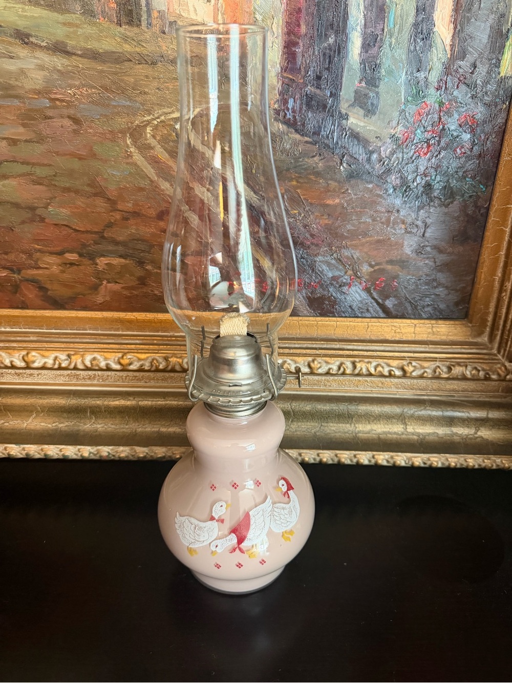Vintage Pink Kaadan LTD Glass Oil Lamp with Goose